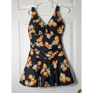 Shekini One Piece Swim Dress Swimsuit Small Black Oranges Ruched Built-in Shorts